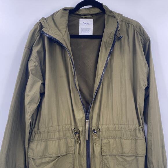 GAP Fit Upcycled Parka Jacket Hooded Cinched Waist Water Resistant Longline L - Picture 5 of 13